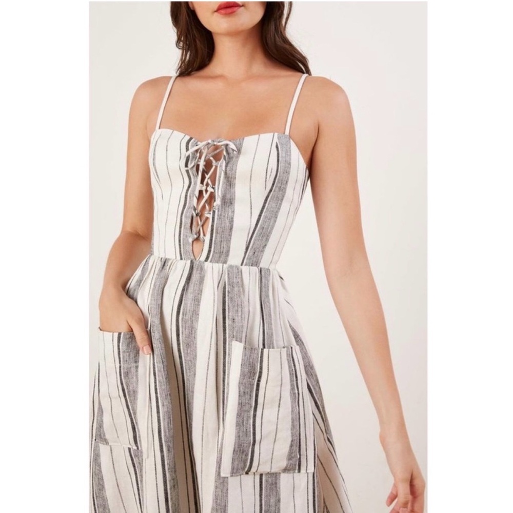 Reformation Ellen White Gray Striped Fit N Flare Linen Midi Dress - Picture 5 of 10
